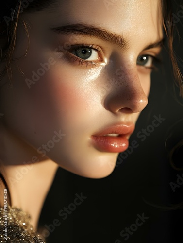 Editorial fashion close-up, young model on the runway, soft lighting highlighting her sharp features, elegant couture dress with intricate detailing, natural makeup with glossy highlights.