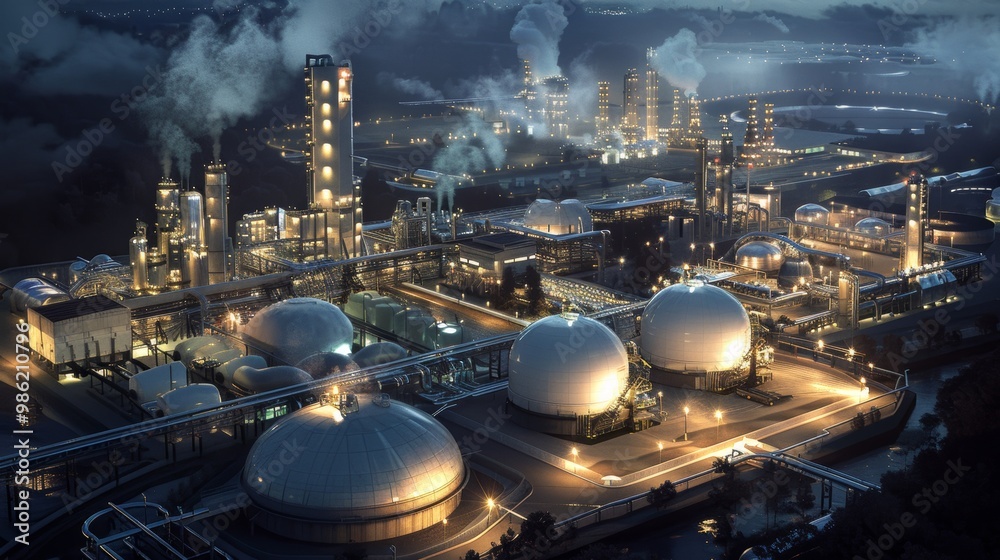 Obraz premium Illuminated Petrochemical Refinery Skyline at Night with Smokestacks and Steam