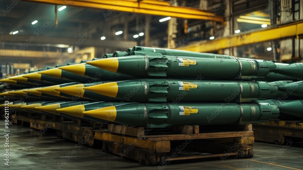 Stacked green and yellow missiles on wooden pallets in an industrial setting. Stacked green and yellow missiles on wooden pallets in an industrial setting.
