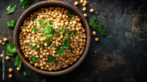 Bowl of steamed sorghum with chickpeas, top view, dark background, copy space