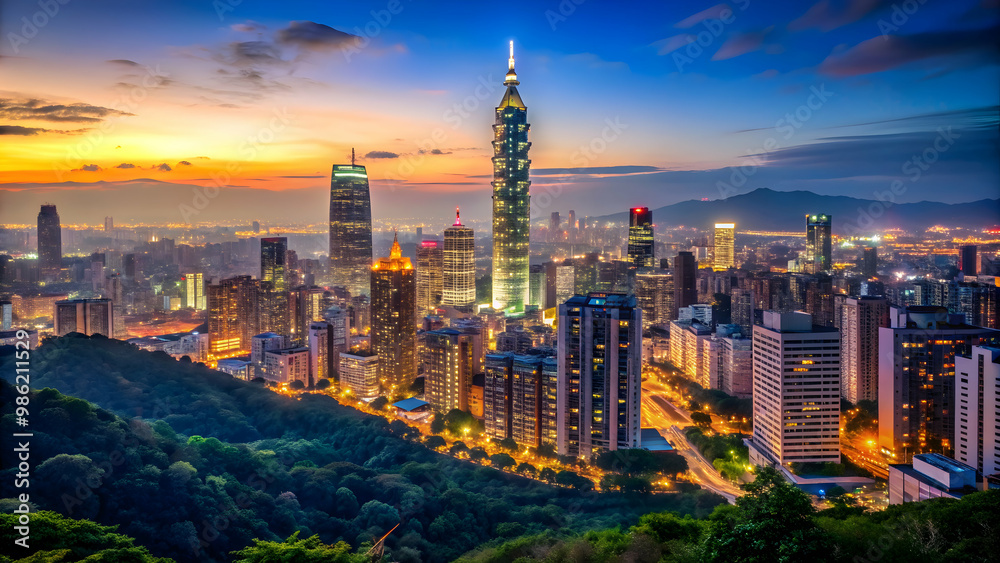 Obraz premium Taipei, Taiwan evening skyline featuring illuminated buildings and city lights, Taipei, Taiwan, skyline, evening