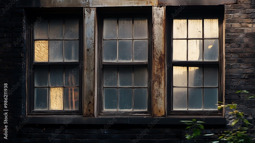 Three Windows in a Dark Brick Wall with Sunlight Streaming In Three Windows in a Dark Brick Wall with Sunlight Streaming In