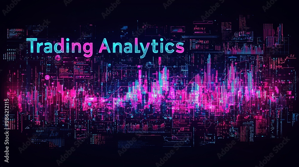 Fototapeta premium A futuristic digital graphic with the text 'Trading Analytics' prominently featured amidst a backdrop filled with complex technological and data visual representations.