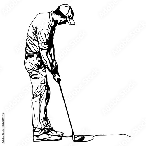 One-line drawing of a golfer setting up for a putt, symbolizing focus and precision in the game of golf, rendered in an artistic minimalist style.