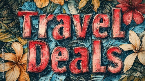 'Travel Deals' text enhanced by a richly textured, floral-themed background with lush flowers and leaves, making it eye-catching for travel enthusiasts seeking adventures. 161chars photo