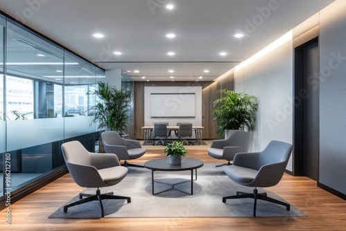 Modern and comfortable company office interior with formal meeting room and relaxation area with generative ai