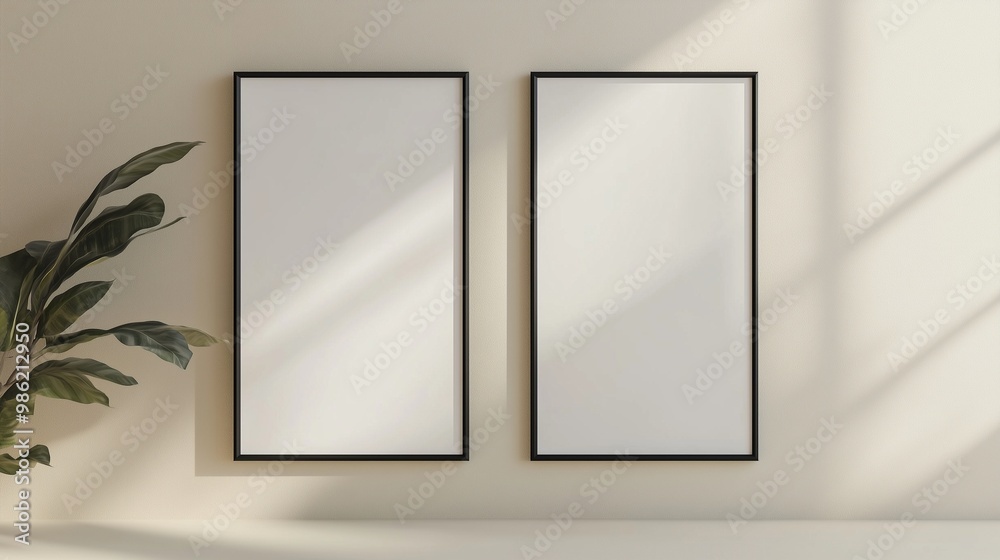 A pair of thin vertical frames positioned side by side on a soft beige wall, their clean lines adding to the minimalist feel. A pair of thin vertical frames positioned side by side on a soft beige wall, their clean lines adding to the minimalist feel.