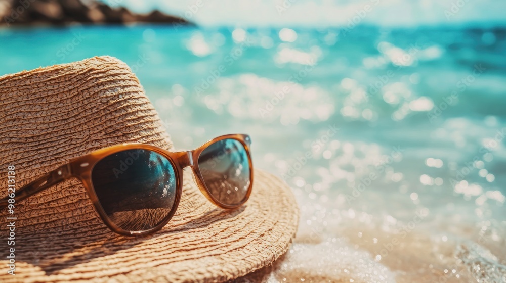 Close-up of a straw hat and sunglasses on a sandy beach with blurred ocean background. Close-up of a straw hat and sunglasses on a sandy beach with blurred ocean background.