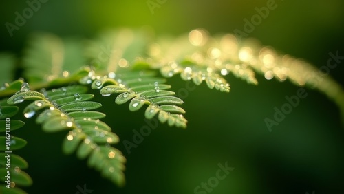 Generative AI, a close up of a green leaf with water droplets on it's leaves and the sun shining in the background, macro photography, a macro photograph, naturalism 