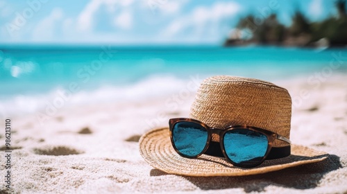 Straw hat and sunglasses on a beach with blue water.