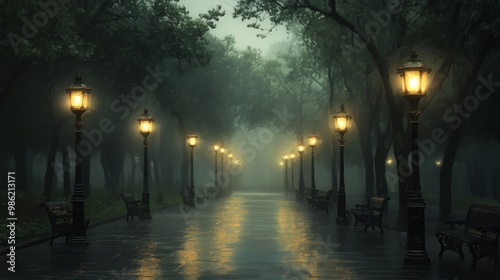 A park with rows of ornate street lamps, a foggy atmosphere, green trees, and benches in the background, a wet ground, detailed street lamp lights, a fantasy art style painting