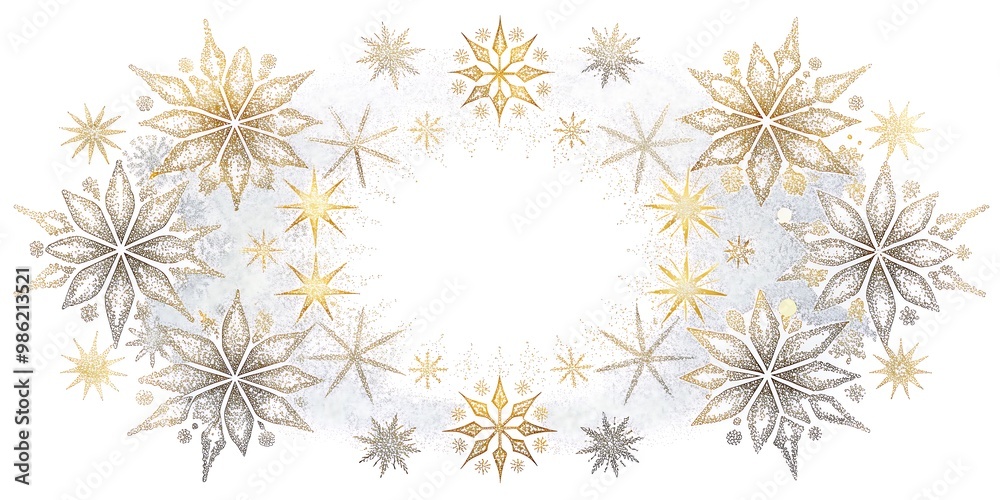 Delicate Snowflakes Border in Silver and Gold for Winter Holiday Wishes