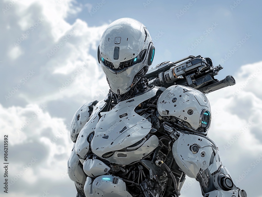 Futuristic Robot with Advanced Weaponry Display Futuristic Robot with Advanced Weaponry Display