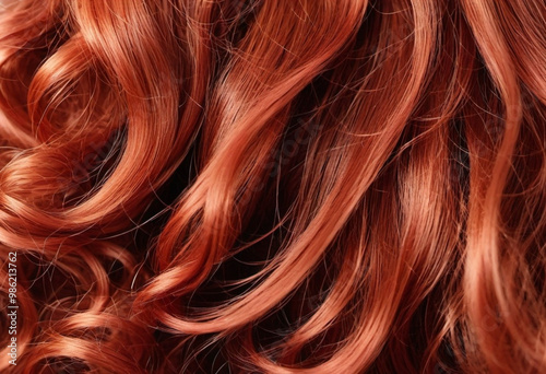 Close-up showcases radiant bright red hair with defined curls, capturing glossy texture and natural shine under soft lighting. Intricate details of each curl enhance the overall beauty. Generative AI