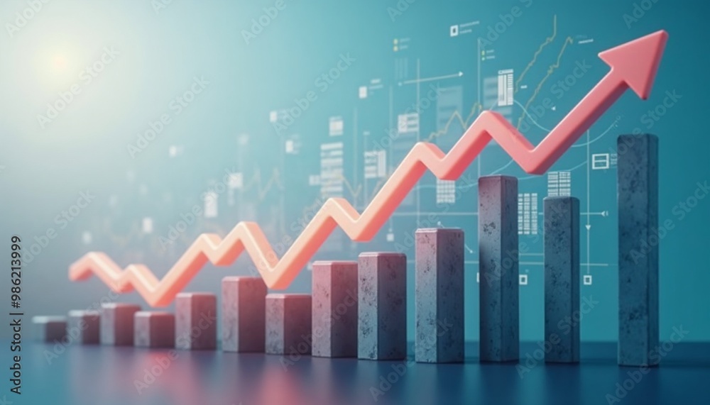 Arrow graph representing rising trends in finance and business, with a blue abstract background Arrow graph representing rising trends in finance and business, with a blue abstract background