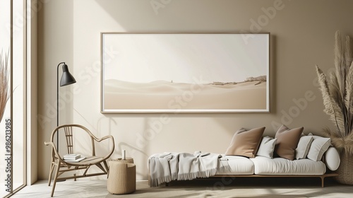 Wallpaper Mural A wide horizontal frame positioned perfectly on a beige wall, its clean design and neutral colors contributing to a peaceful ambiance. Torontodigital.ca
