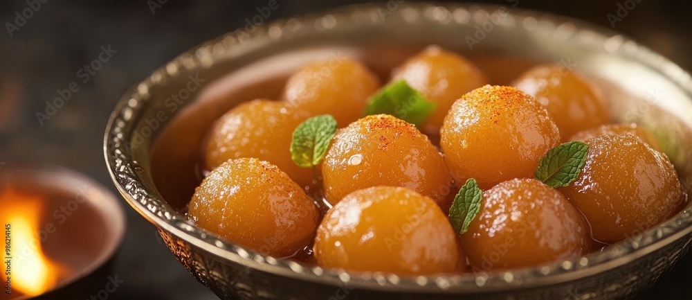 Bowl of Gulab Jamun dessert with spices, dark background, Indian sweet dish Bowl of Gulab Jamun dessert with spices, dark background, Indian sweet dish