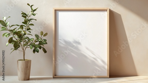 An oversized blank frame propped against a beige wall, leaning slightly with a slim wooden border, evoking minimalist style.