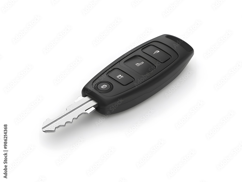 Modern black car key with keyless entry and remote start buttons isolated on white background. Modern black car key with keyless entry and remote start buttons isolated on white background.