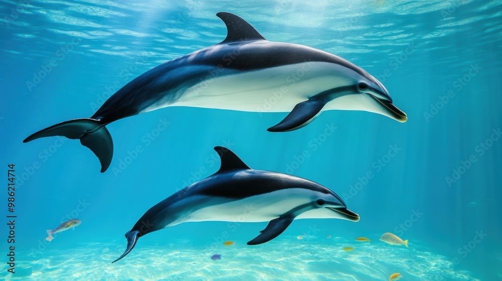 Playful Dolphins Swimming in Clear Blue Water Playful Dolphins Swimming in Clear Blue Water