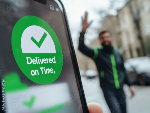 A delivery person is waving in the background while a smartphone displays a notification indicating a delivery was completed on time. photo
