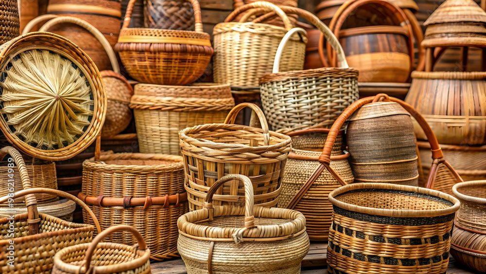 Artistic array of traditional woven baskets in natural tones, weave, craft, handcrafted, texture, ethnic, cultural Artistic array of traditional woven baskets in natural tones, weave, craft, handcrafted, texture, ethnic, cultural