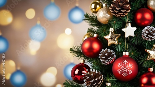 Close-up festive image of a decorated Christmas tree with shiny red baubles, gold stars, and silver pinecones, blurred bokeh lights creating a warm atmosphere, generative AI