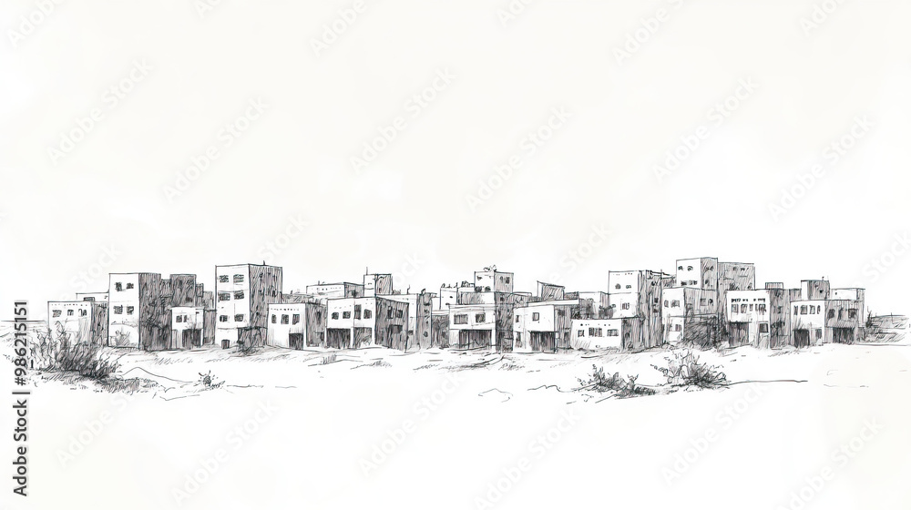 Obraz premium Garowe, Somalia, black and white pen pencil hand-drawn effect drawing illustration for travel poster, card, wallpaper, backdrop or banner. Modern, clear, artistic and simple