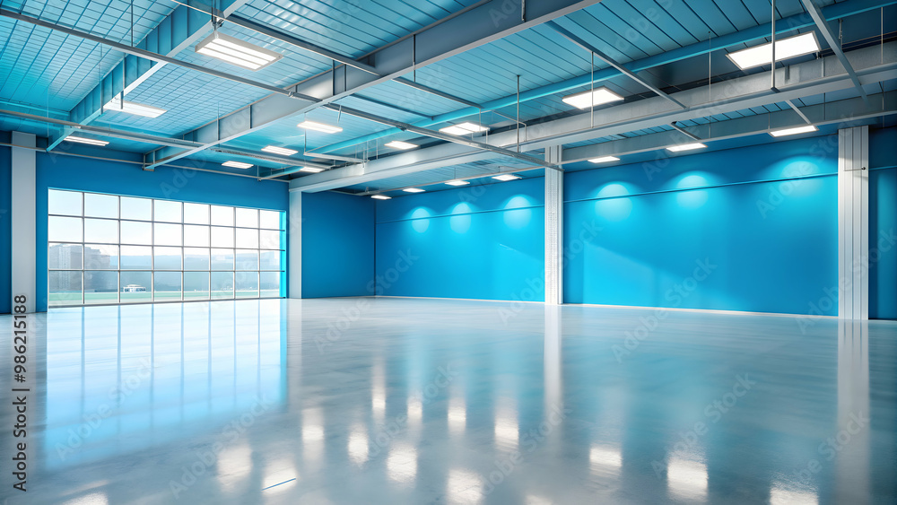 Empty spacious light exhibition hall with azure blue wall, glossy concrete floor, and windows , exhibition hall, spacious Empty spacious light exhibition hall with azure blue wall, glossy concrete floor, and windows , exhibition hall, spacious
