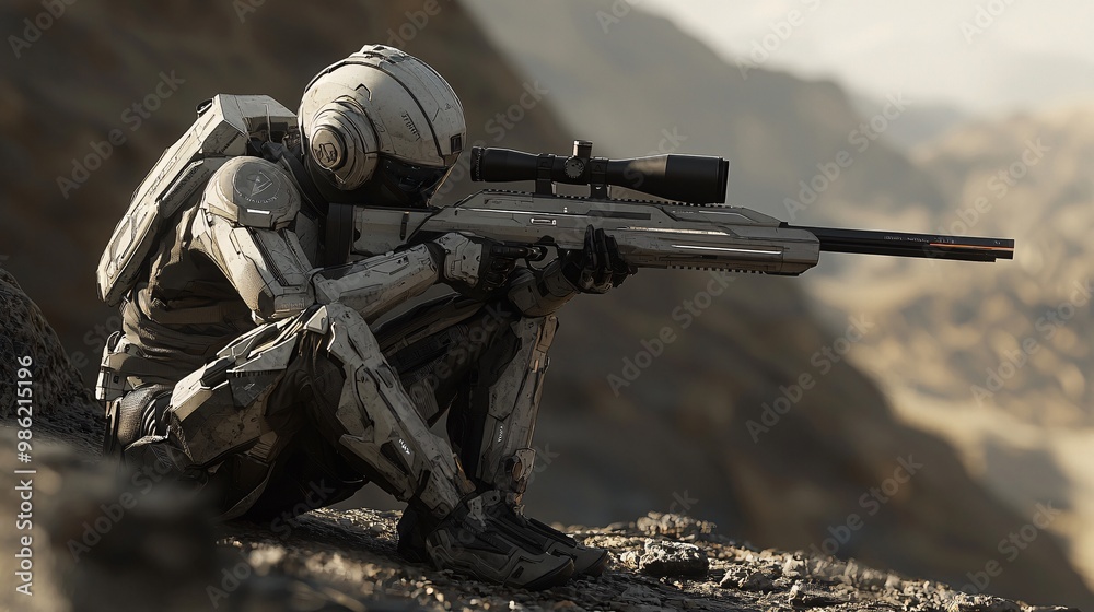 Futuristic Soldier with Sniper Rifle in Desert Landscape Futuristic Soldier with Sniper Rifle in Desert Landscape
