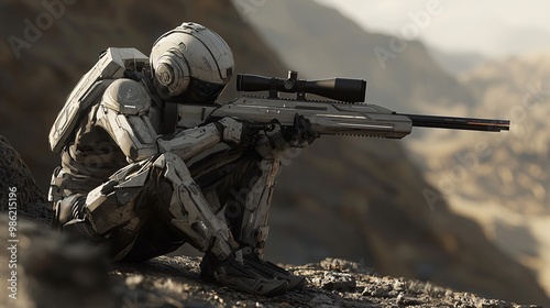 Futuristic Soldier with Sniper Rifle in Desert Landscape