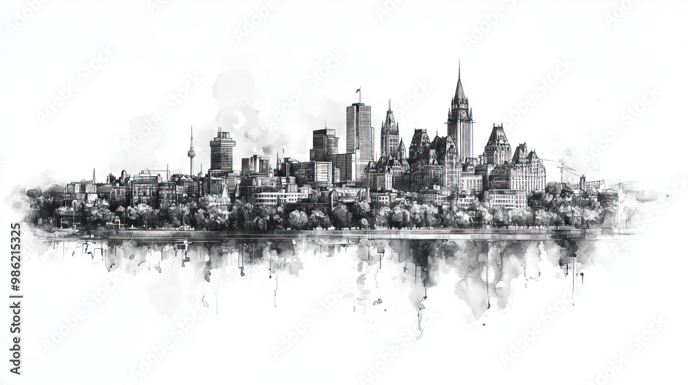 Naklejka premium Gatineau, Canada, black and white pen pencil hand-drawn effect drawing illustration for travel poster, card, wallpaper, backdrop or banner. Modern, clear, artistic and simple