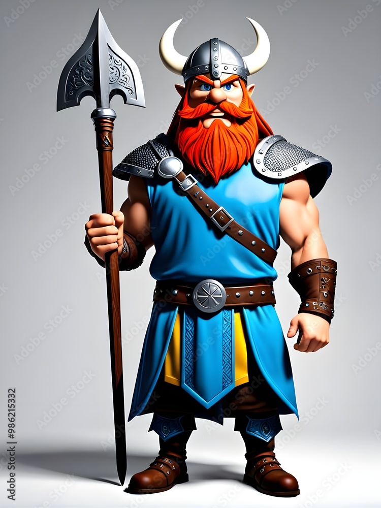 3D illustration Viking Cartoon with bold colors standing against. White background 3D illustration Viking Cartoon with bold colors standing against. White background