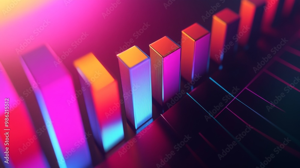 A high-tech 3D bar graph rising dramatically, with bold colors and ...
