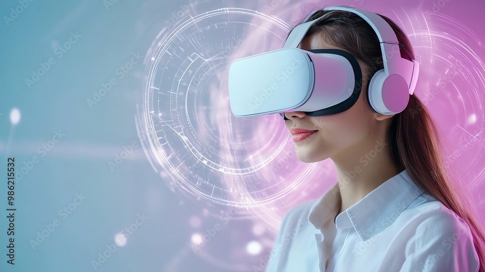 Woman exploring a virtual world with VR headset. Futuristic technology concept showcasing virtual reality experiences and innovations. Woman exploring a virtual world with VR headset. Futuristic technology concept showcasing virtual reality experiences and innovations.