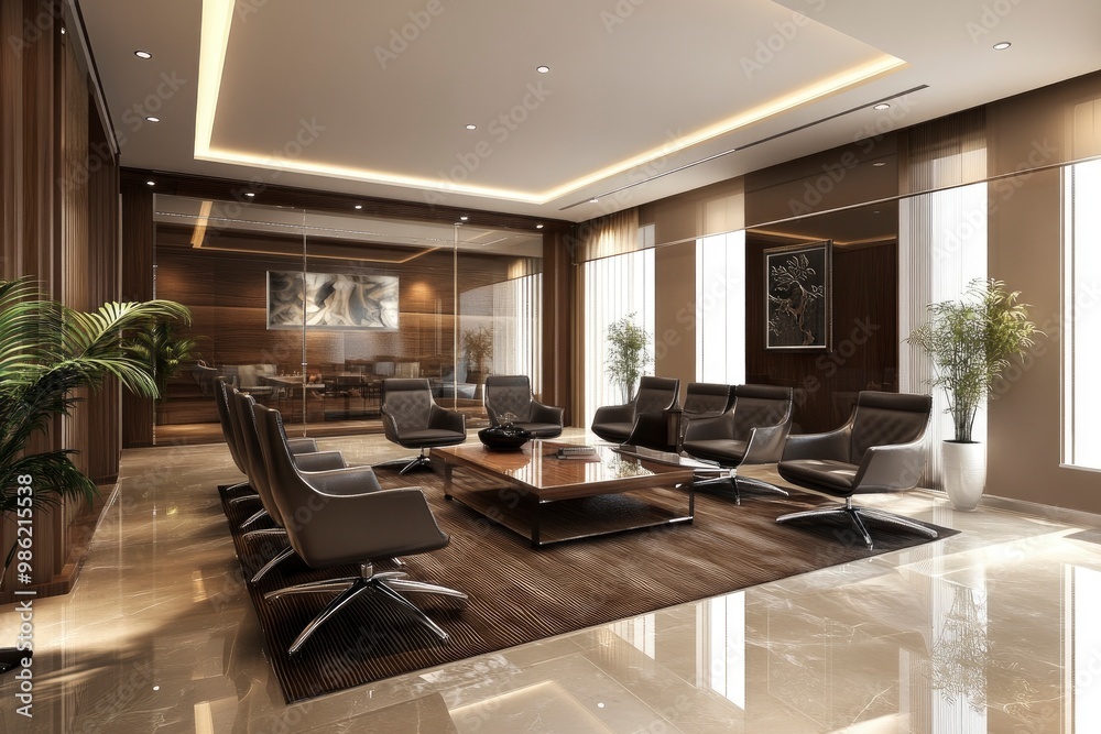Fototapeta premium Modern and comfortable company office interior with formal meeting room and relaxation area with generative ai