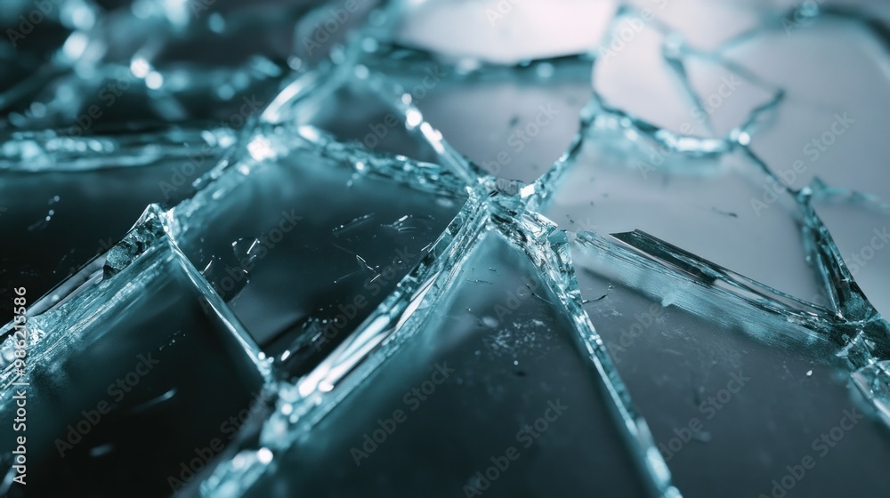 Closeup of broken glass with sharp edges and teal blue hue. Closeup of broken glass with sharp edges and teal blue hue.