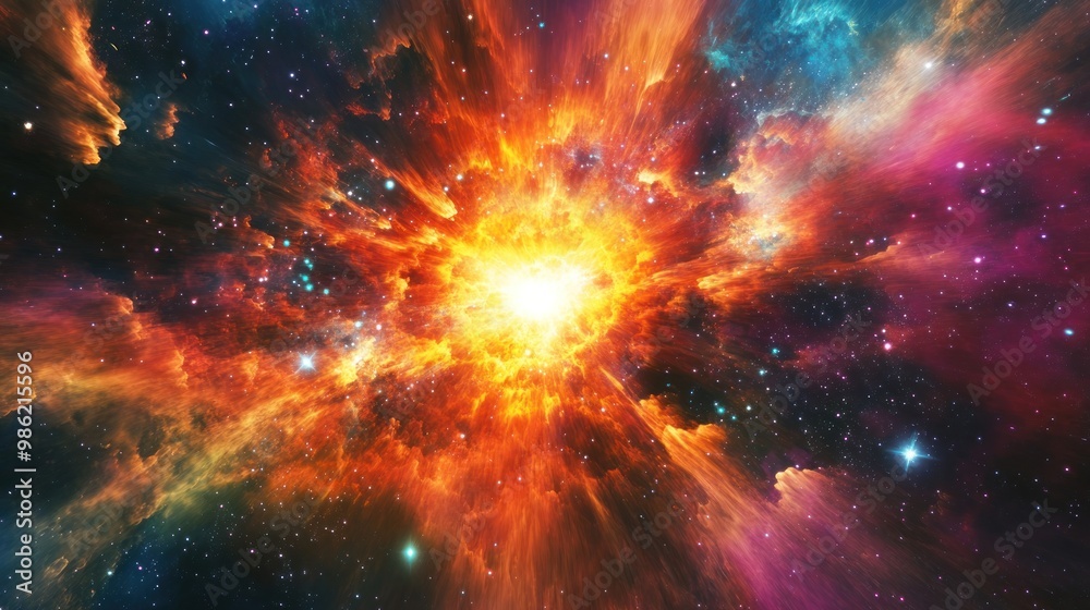 A vibrant supernova explosion in a deep space nebula, with rays of light radiating outward. A vibrant supernova explosion in a deep space nebula, with rays of light radiating outward.