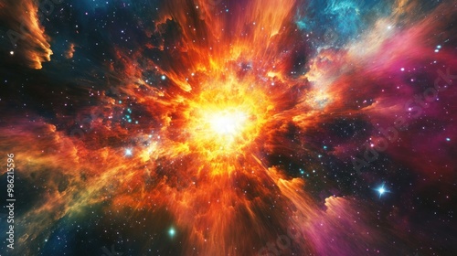 A vibrant supernova explosion in a deep space nebula, with rays of light radiating outward.