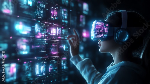 Woman using virtual reality headset interacting with digital interface, concept of future technology and innovation.