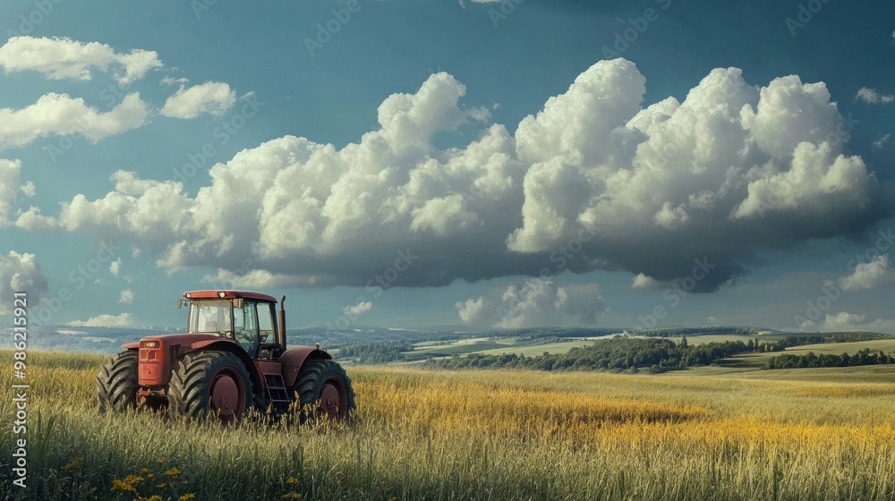 A red tractor sits in a field of grass, with a large cloud in the blue sky. A red tractor sits in a field of grass, with a large cloud in the blue sky.