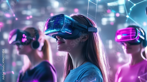 Women wearing virtual reality headsets experiencing a futuristic digital environment with neon lights. Concept of technology and innovation. photo