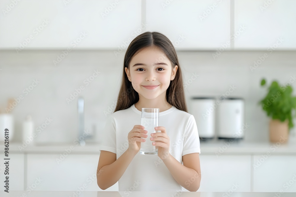 Young Girl Drinking Water and Smiling in Clean Modern Kitchen Young Girl Drinking Water and Smiling in Clean Modern Kitchen