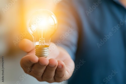 Hand holding a glowing light bulb representing creativity,innovation and the bright future