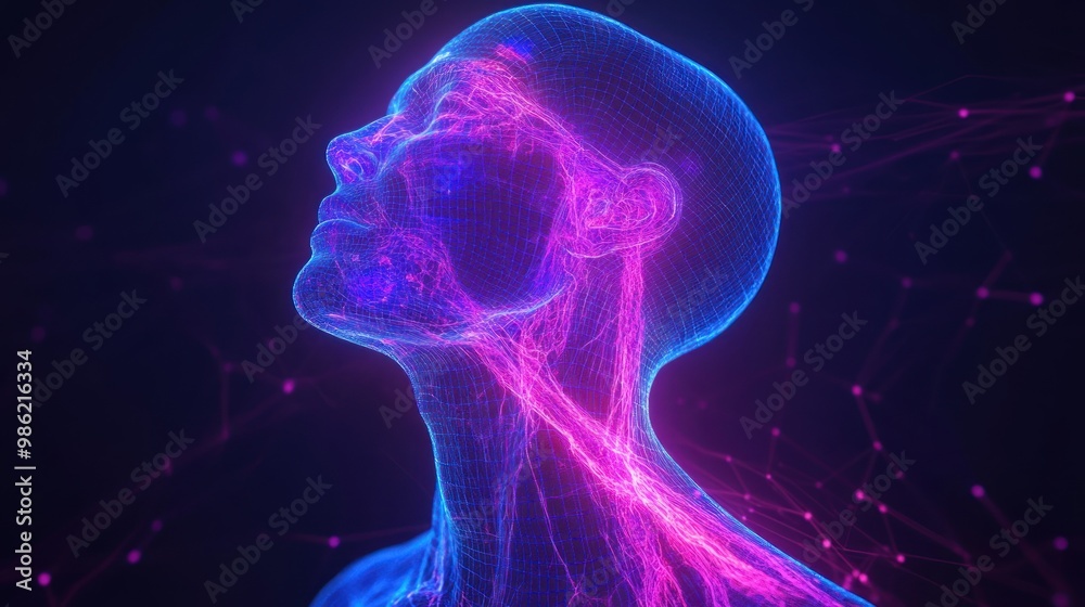A digital rendering of a human head with bright neon purple and blue glowing lines outlining the shape. A digital rendering of a human head with bright neon purple and blue glowing lines outlining the shape.