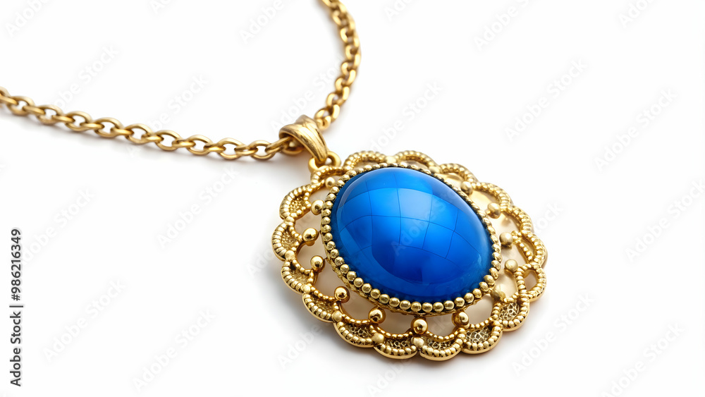 Blue stone and gold necklace on a white background, jewelry, accessory, fashion, elegant, luxury, shiny, precious, gemstone Blue stone and gold necklace on a white background, jewelry, accessory, fashion, elegant, luxury, shiny, precious, gemstone