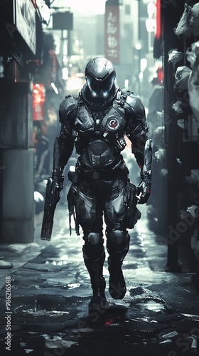 Futuristic Mercenary Walking in Urban Alley