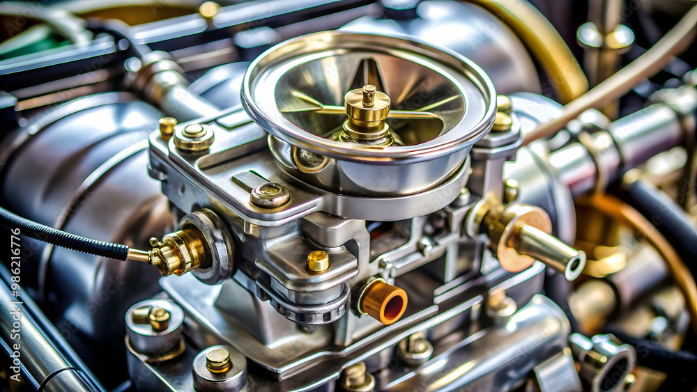 A close-up detailed image of a carburetor in a car engine, car part, automobile