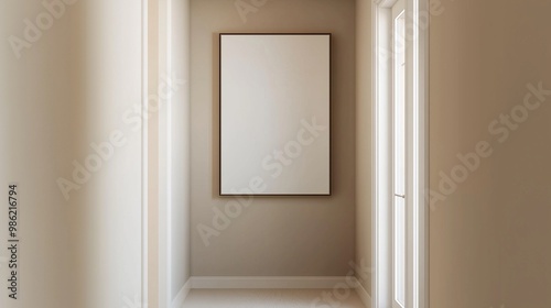 Single vertical frame hung in a narrow corridor with soft beige walls, adding elegance to the minimalist passageway.