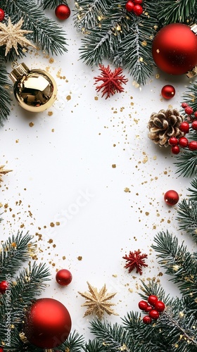christmas frame with christmas ornaments and fir branches on white background top view vertical shot